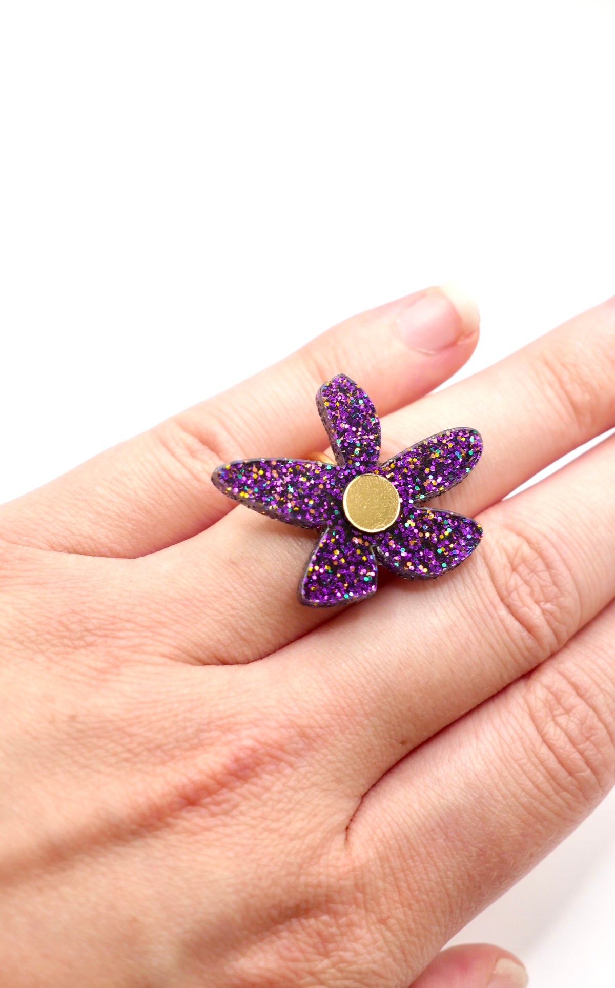 Bague flores violet pailleté fabrication artisanale à Lille