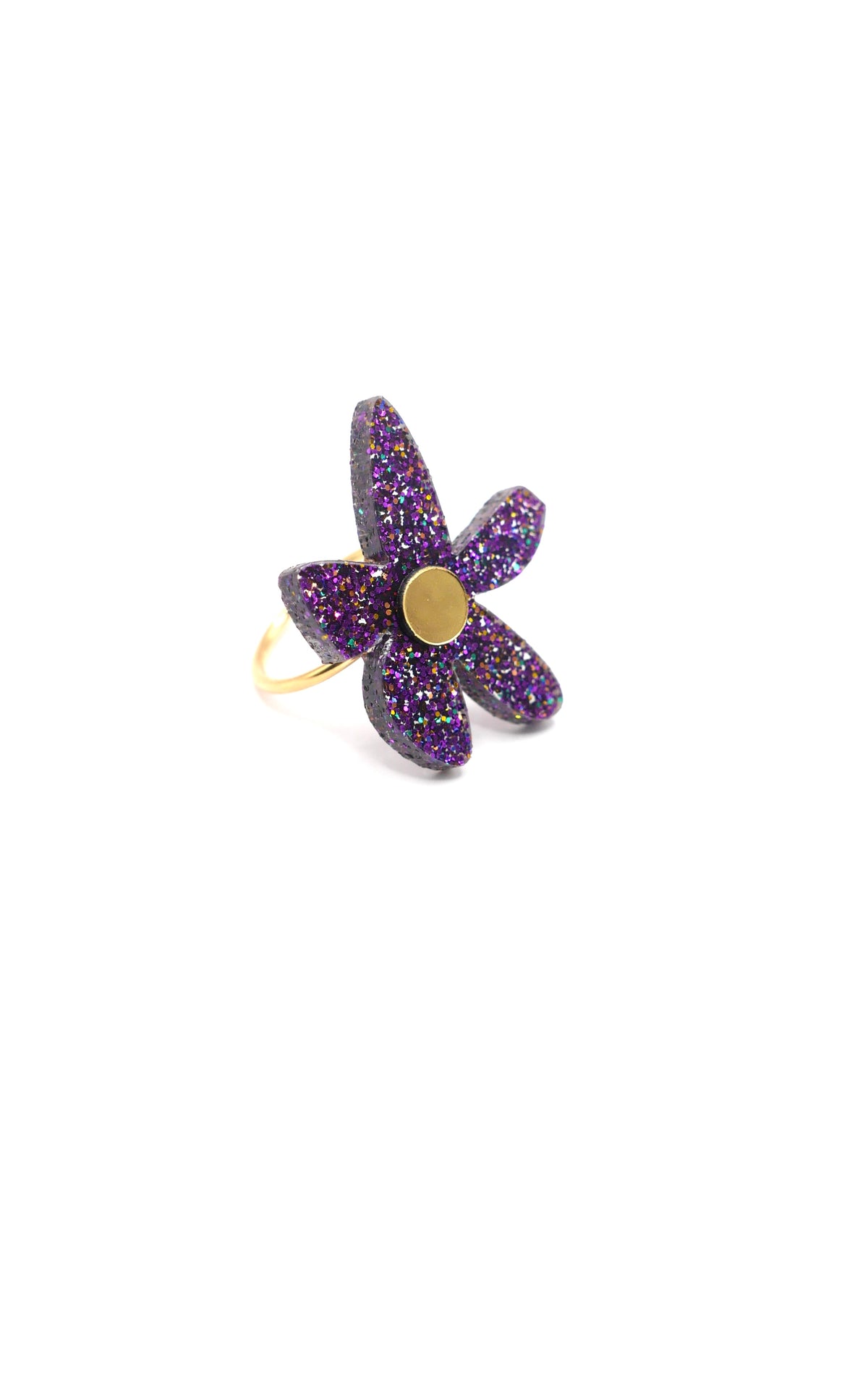 Bague artisanale en plexiglass violet pailleté 