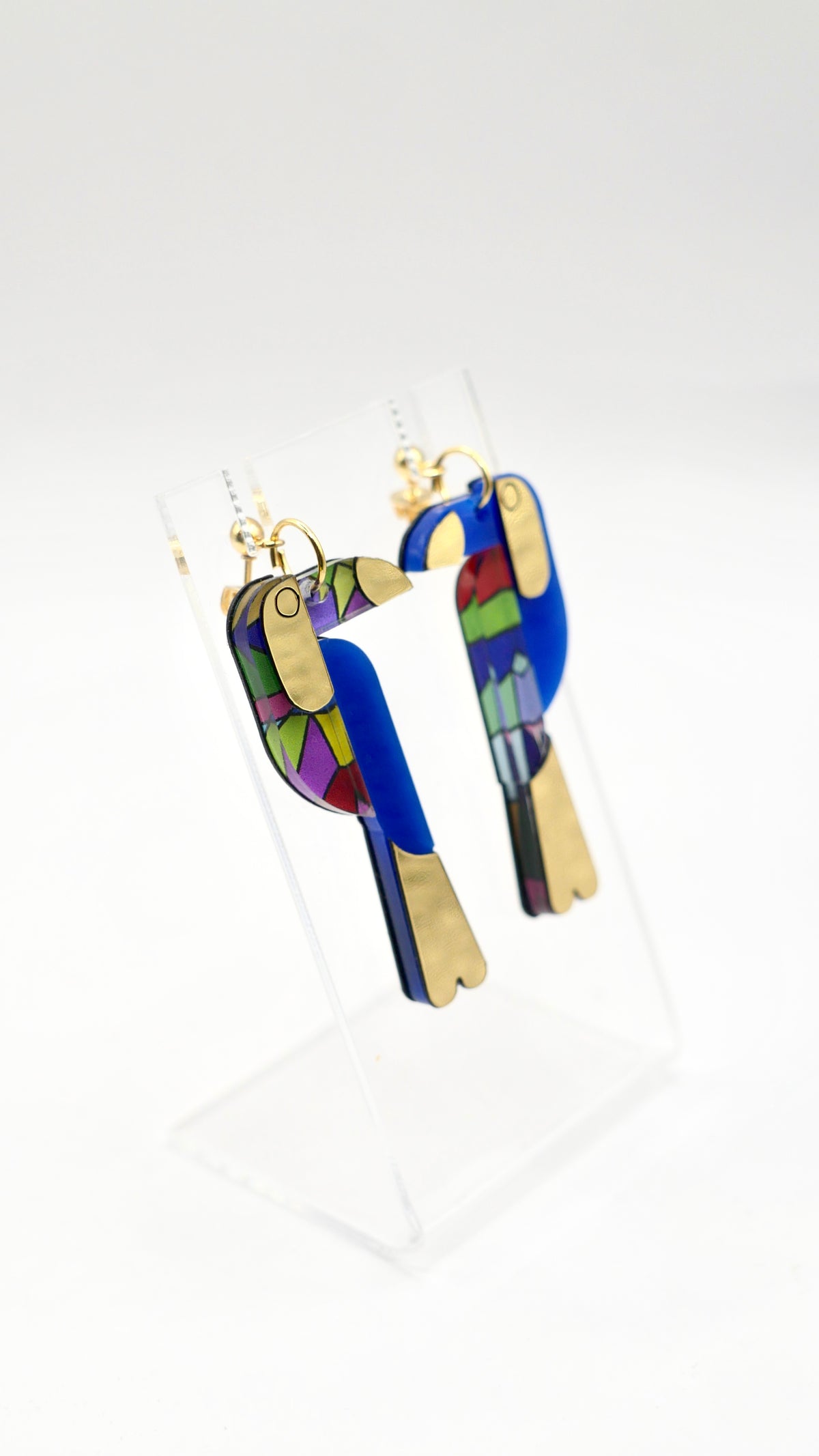 Boucles d’oreilles toucan bleu et vitrail