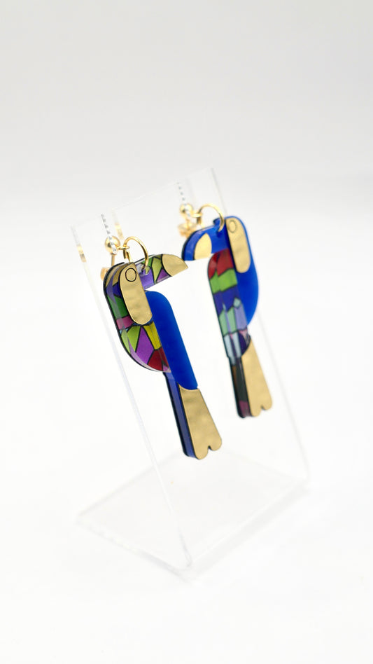 Boucles d’oreilles toucan bleu et vitrail