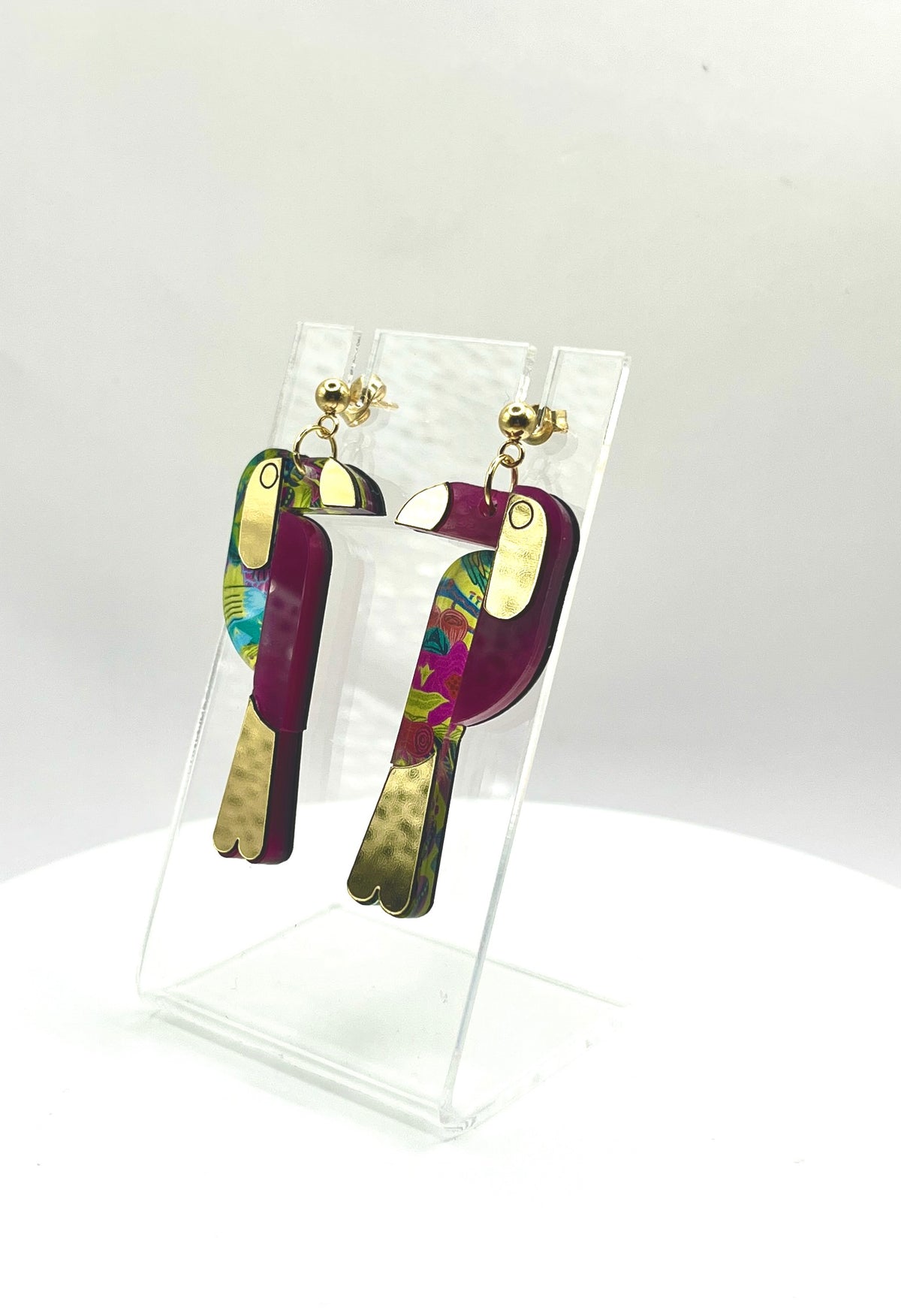 Boucles d’oreilles toucan coloris violet et tropical 