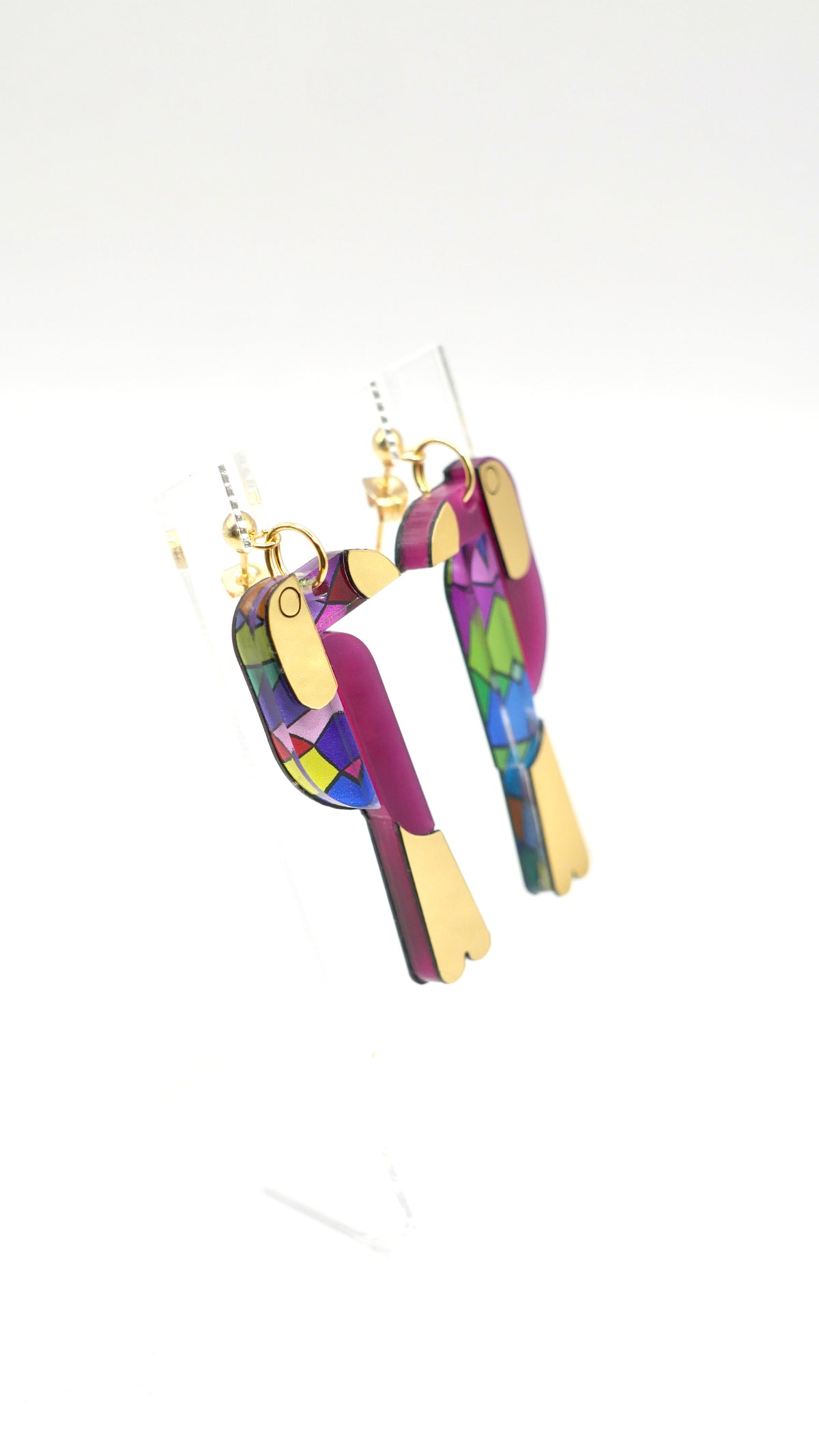 Boucles d’oreilles toucan violet et vitrail