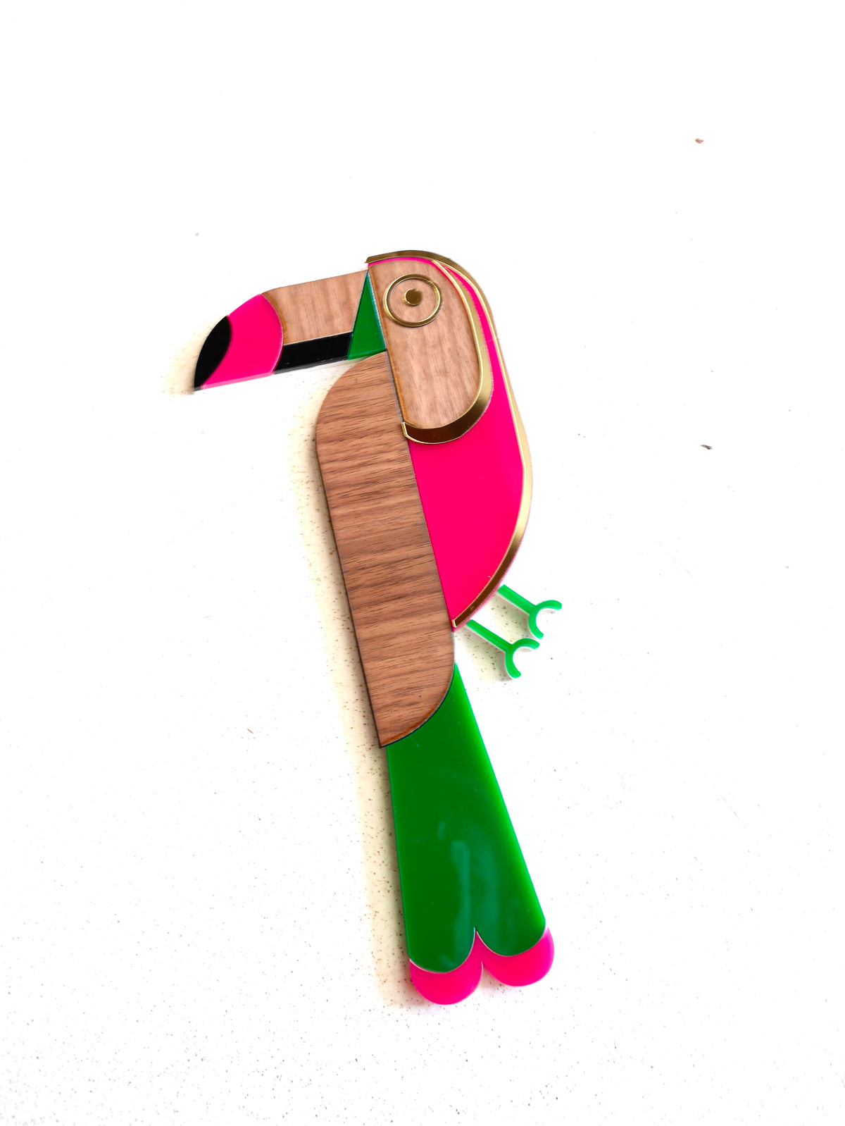 Décoration murale Toucan vert et rose, plexiglas coloré et bois, fait main en France 