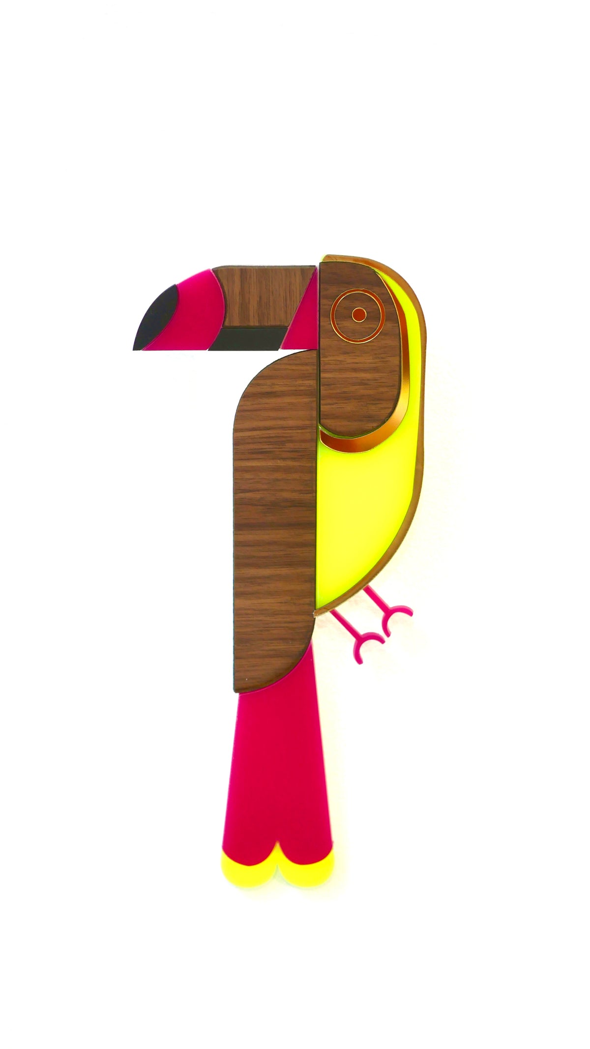 Décoration murale Toucan jaune et rose, plexiglas coloré et bois, fait main en France 
