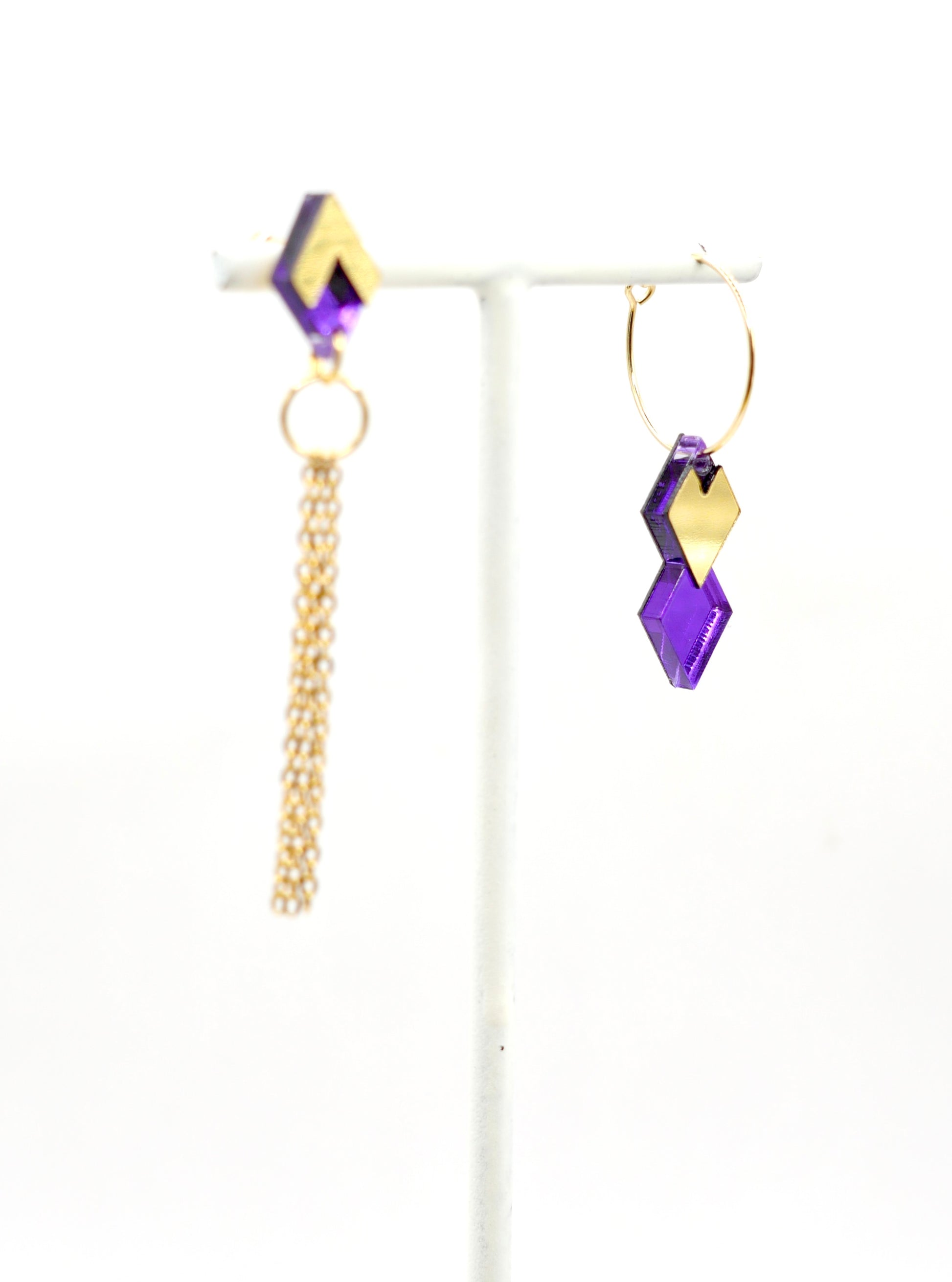 Détail des boucles d’oreilles Carmen violet miroir 