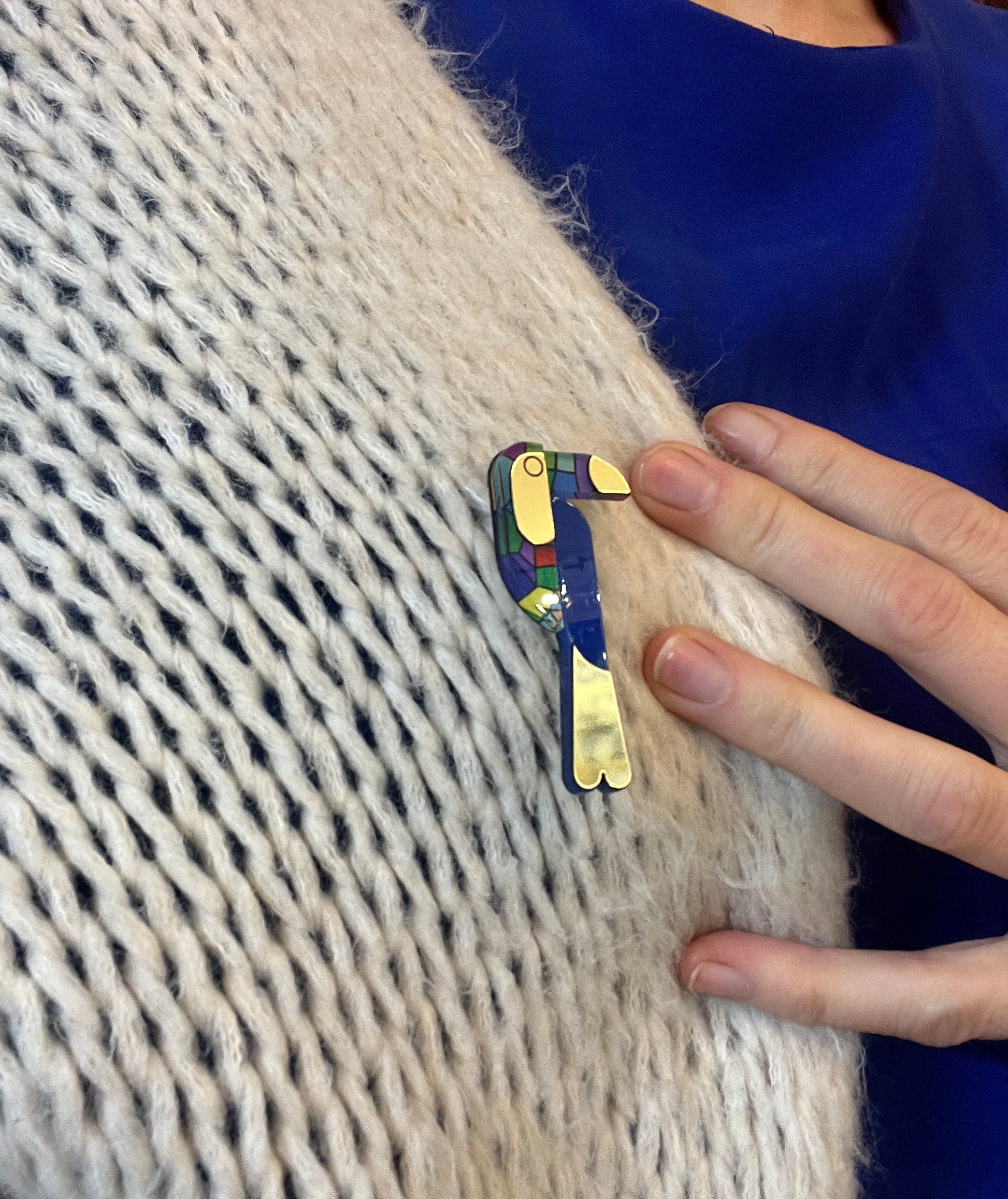 Détails du pins toucan porté sur un gilet, broche bleue et dorée
