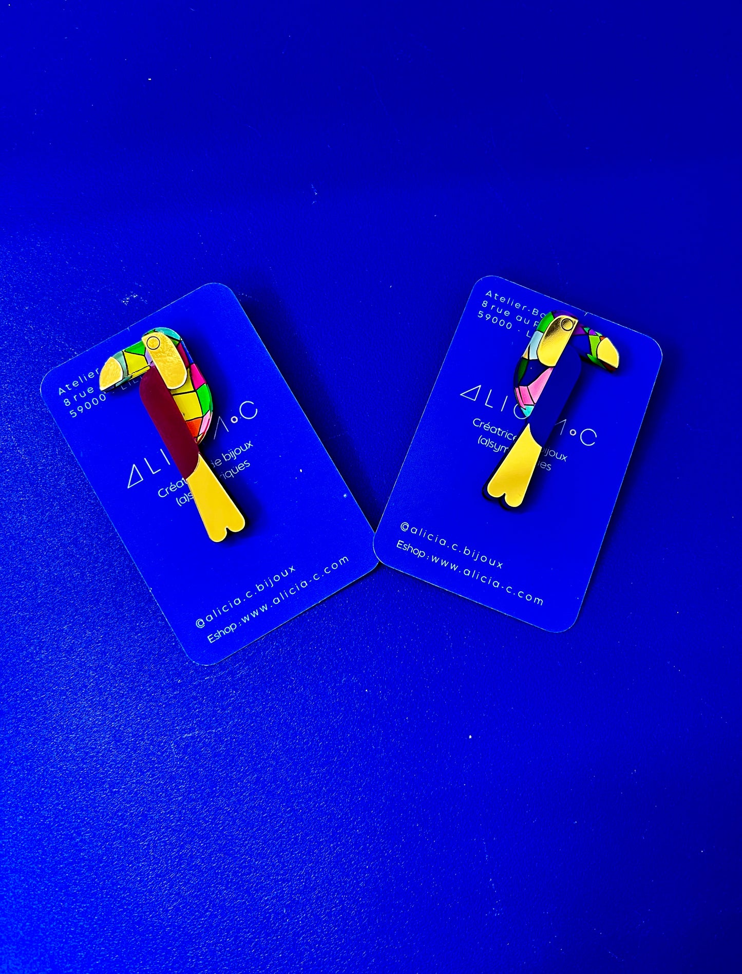 Détail de pins en forme de toucan, broche colorée