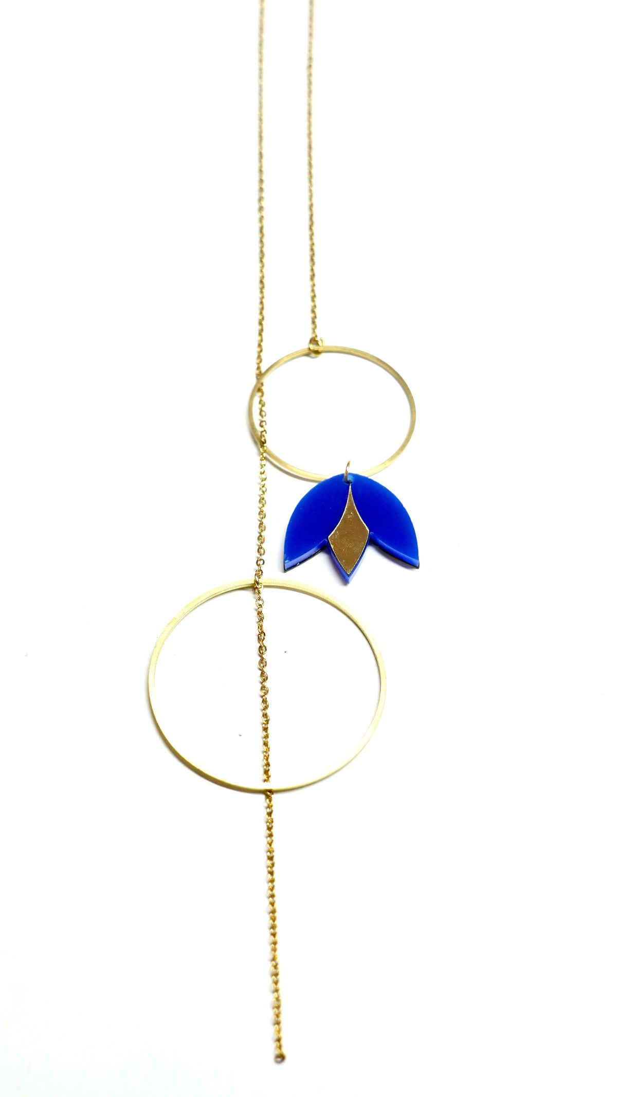 Sautoir artisanal, tulipe bleue et dorée 