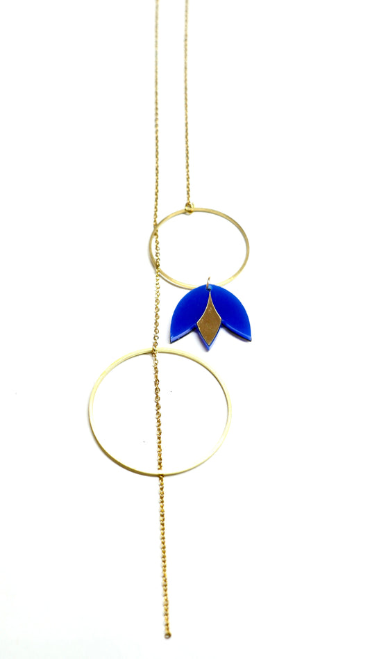 Sautoir artisanal, tulipe bleue et dorée 