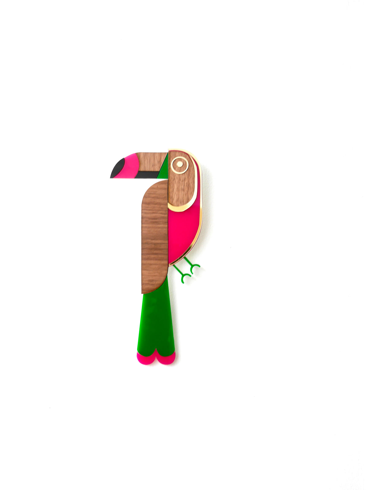 Décoration murale Toucan vert et rose, plexiglas coloré et bois, fait main en France 